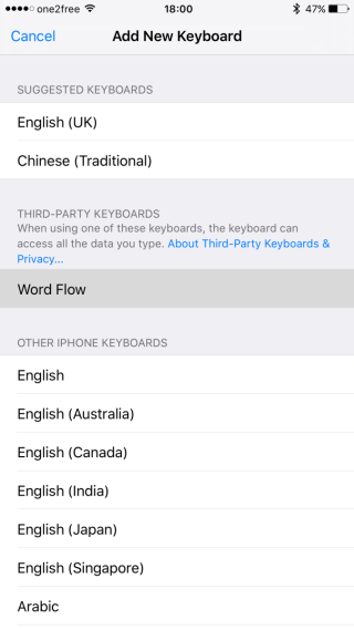 選擇「Word Flow」加入到鍵盤選項中。