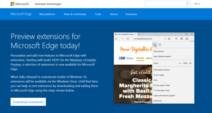 有關 Edge 插件的網頁早已準備就緒，內容指插件正式推出時，Windows Store 將成為發布平台。
