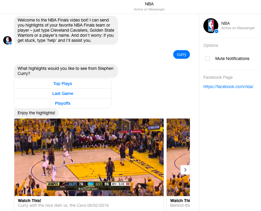 用Facebook Messenger並搵到NBA的官方Page，再同NBA「傾計」就可以睇到場波入面不同精華。