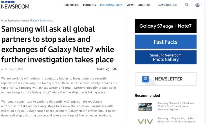 Samsung 在官方新聞網頁上發表聲明，宣布全球停售 GALAXY Note 7
