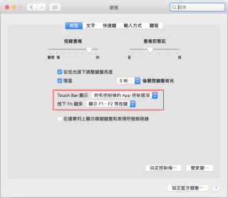 用戶可以在鍵盤設定中選擇Touch Bar的控制條如何呈現，又可以改變Fn鍵的功能。