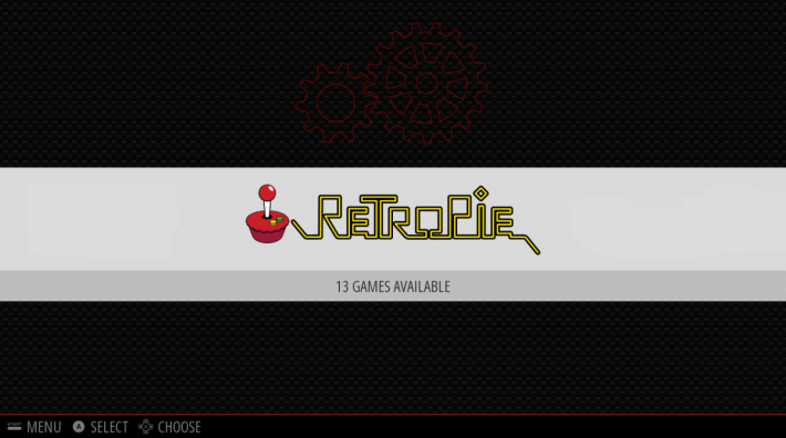 完成後就會進入主畫面，「RetroPie」這個標誌就是設定菜單的入口，按 A 掣進入後可以進行各種仔細設定。畫面上說有 13 個遊戲可玩，其實是 13 個設定選項。