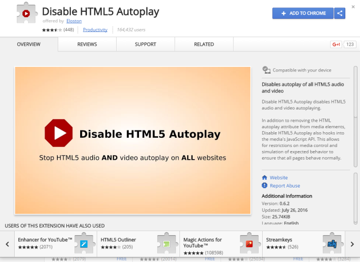 名為「Disable HTML5 Autoplay」的Chrome 插件