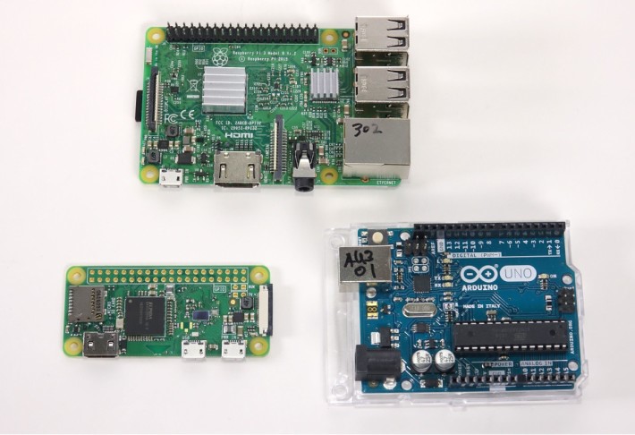 三個 DIY 平台：RPi 3 Model B（上）、RPi Zero W （下左）和 Arduino UNO Rev 3 （下右）