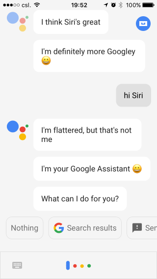 Google Assistant 的雖然用了「受寵若驚」的有禮貌字句，不過語氣就明顯很不好。