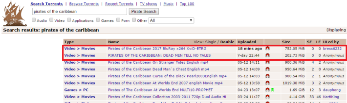 疑似是未上畫的《加勒比海盜：惡靈啟航》藍光版在網上流傳讓人下載