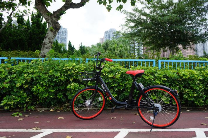 車主付出 1,600 港元買下的共享單車，就是這款紅黑設計的智能單車，內建 GPS，可用 app 追蹤位置。