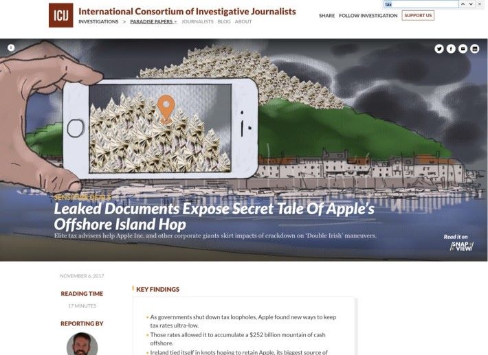 ICIJ 的《天堂文件》披露 Apple 將海外利潤轉移到澤西島