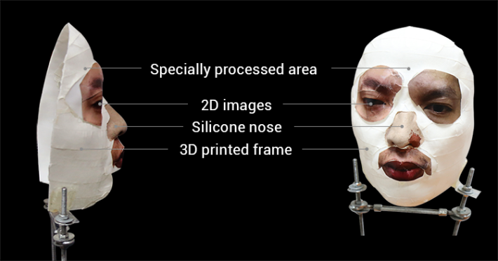 這個面具一眼就看得出並不完整，不過就能破解 Face ID 。部分表面經過特別處理，而眼睛和嘴巴則只是一般 2D 打印機打印出來。