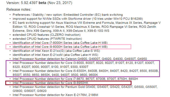 從 AIDA64 的支援列表更新中，可看得出未來會有 Notebook 版 i9-8000H 系列及第 9 代 Intel CPU。