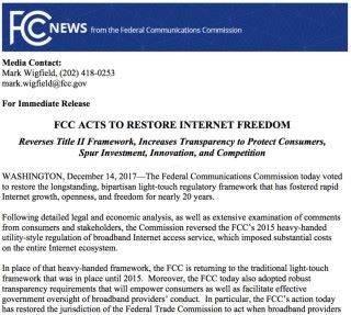 FCC 在通過撤銷決定後發表的聲明，稱這是恢復互聯網自由。