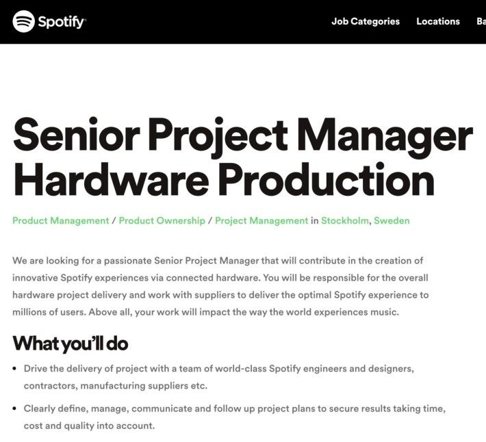 Spotify 在官方招聘網頁貼出聘請有關硬件生產的高級項目經理