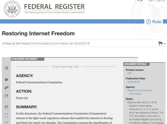 FCC 正式將撤銷網絡中立規定的法令刊於美國聯邦公報