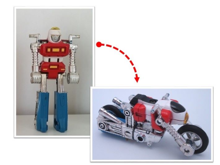其中一款電單車機械人變形就透過模仿一個人兩手撐地跪下的姿勢，手持和腳夾輪胎，再套用電單車的外形設計，就成了另一件變形玩具。