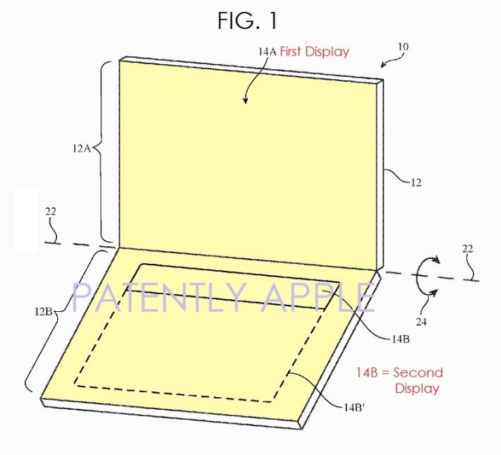 此專利產品看似一部 Notebook，上方為主屏幕，而下方基座的鍵盤及觸控板則被一大塊副屏幕取代。Source：Patently Apple