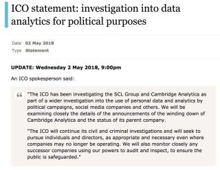 英國個人資料監管機構 ICO 已經表明即使劍橋分析不再營運，他們都會追究到底。