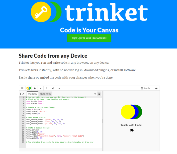 Trinket 是一站式免費學習 Python 程式的網站，用家甚至毋需註冊，也可即學即用。