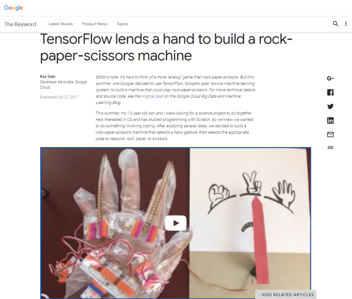 機械學習於過往必然是大學或以上課程，現在 12 歲的學童也可運用 Scratch 、 littleBits 、 Arduino 和 TensorFlow 等工具，製作出「猜包剪揼」的AI產品。