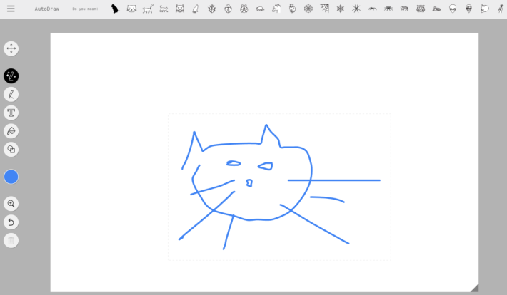 筆者用滑鼠繪畫了貓的圖案，每增加一筆，置頂就會預估所繪畫的圖案。