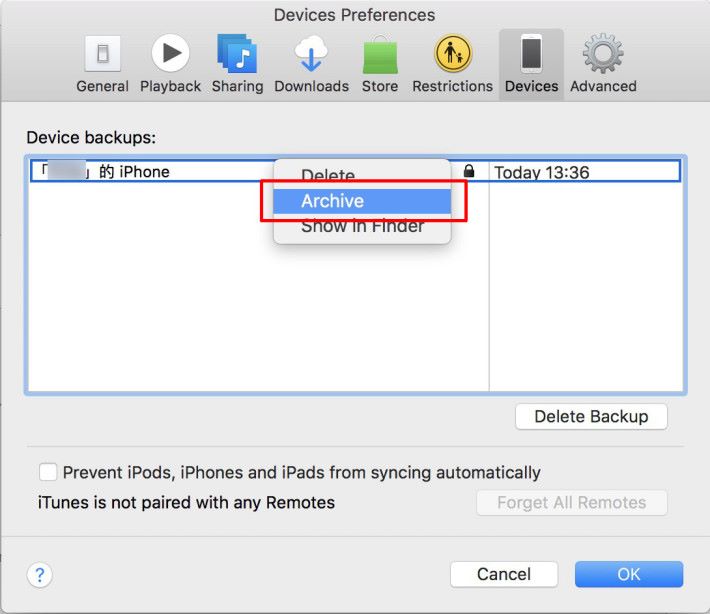 5. 當完成備份後，點選畫面左上角的「 iTunes ＞ 偏好設定 」，在「偏好設定」對話框裡點擊「備份」頁面，在列表中應該會看到剛才的備份，用滑鼠右鍵點擊那備份，就可以在功能選單中選取「 Archive （歸檔）」。
