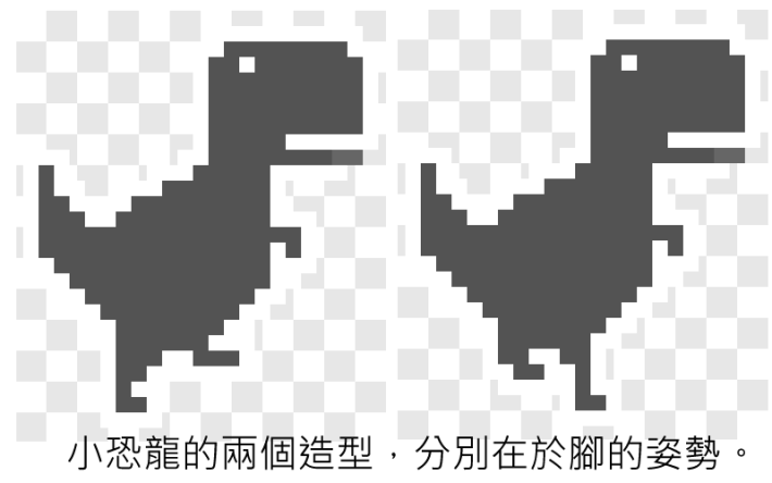 小恐龍的兩個造型，分別在於小恐龍腳的姿勢。