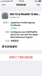 7. 確認描述檔是「 iOS 13 & iPadOS 13 Beta Software Program 」，按右上角「安裝」繼續；