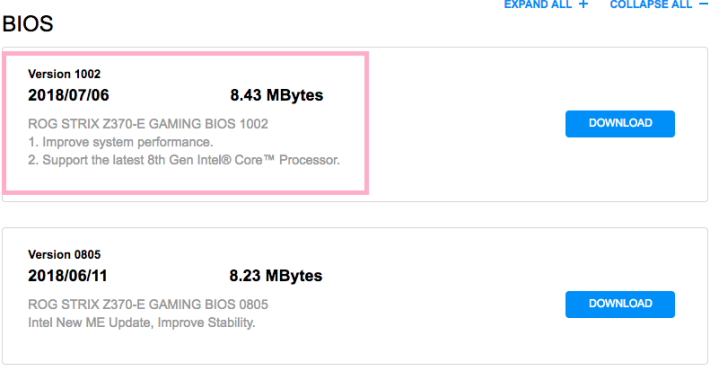 ASUS ROG Strix Z370-E Gaming 亦不約而同地更新 BIOS，來「支援最新的第 8 代 CPU」。