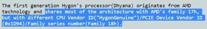 該程式員表示，Hygon Dhyana Family 18 處理器與 AMD EPYC 處理器十分相似。