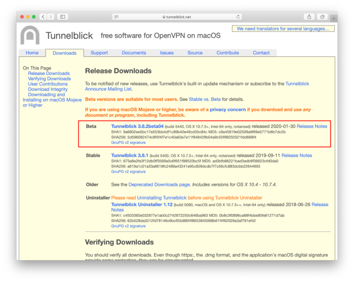 1. macOS 用來登入 OpenVPN 伺服器的是 Tunnelblick ，按「 Downloads 」進入下載頁。大部分用戶可下載 Beta 版使用