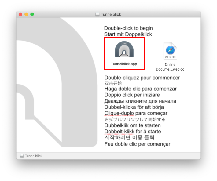 2. 雙擊下載回來的 dmg 檔掛載影像檔，並在打開的視窗中雙擊「 Tunnelblick 」圖示就會開始安裝