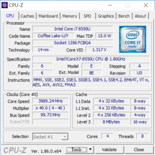 CPU-Z顯示 PS42 8RB 採用 4 核心 8 線程的 Intel Core i7-8550U CPU。