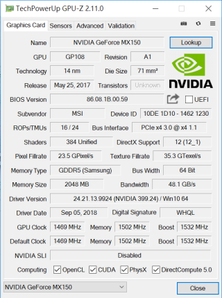GPU-Z 顯示 PS42 8RB 採用 NVIDIA MX150 獨立顯示卡，可應付一般多媒體和遊戲所需。