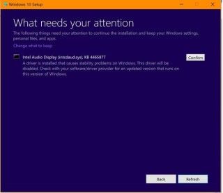 微軟在支援網站上張貼告示，提醒用戶在升級時遇上圖中的警告，不應該繼續升級（圖為英文版 Windows 10 ）。