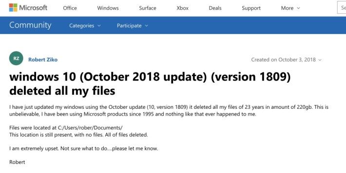 有用了 Windows 23 年的忠實用戶在微軟論壇上貼文指升級後 220GB 檔案不見了