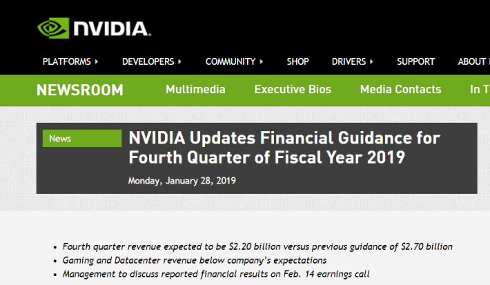 NVIDIA 發新聞稿指 FY2019 Q4 的業績不佳。