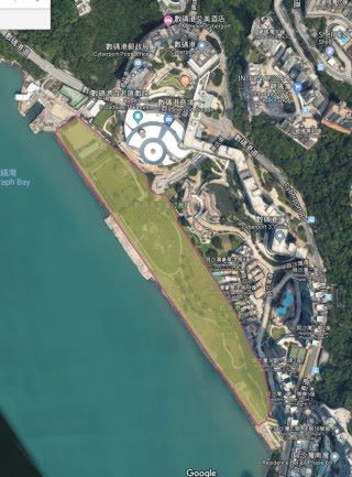 發展數碼港第五期，可能要改動現時數碼港海濱公園的範圍（圖片僅供參考，以正式公布為準。地圖：Google Maps ）