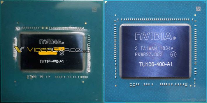 左邊為 GTX 1660 Ti 的 TU116（Source：Videocardz），右邊為 RTX 2060 的 TU106（Source：TechPowerUp）。明顯 GTX 1660 Ti 的 GPU 較細小。
