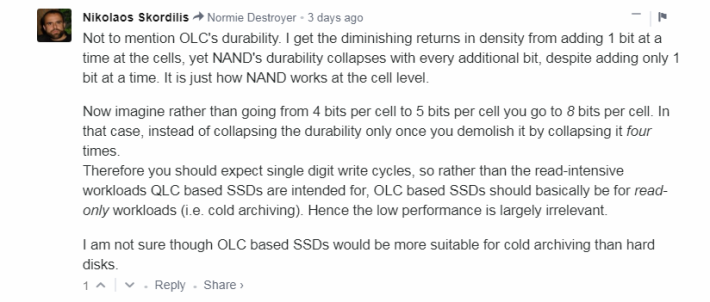 另一網友 Nikolaos Skordilis 留言，分析 OLC 可能只用於儲存冷資料。
