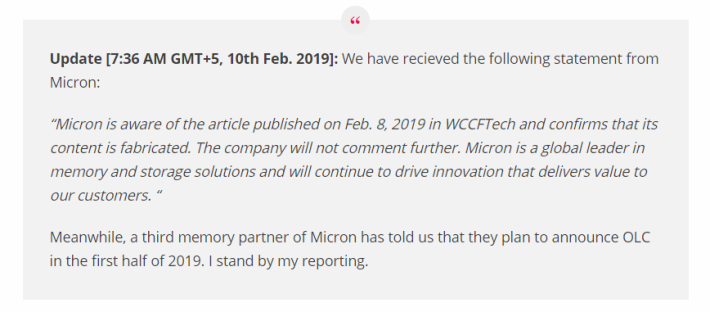 Wccftech 表示收到 Micron 的回應，指他們 OLC NAND 的消息全是偽造，不過他們堅決所有消息皆為真確。
