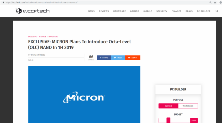 Wccftech 發文指掌握到獨家消息，Micron 將於 2019 年上半年推出 OLC NAND Flash。