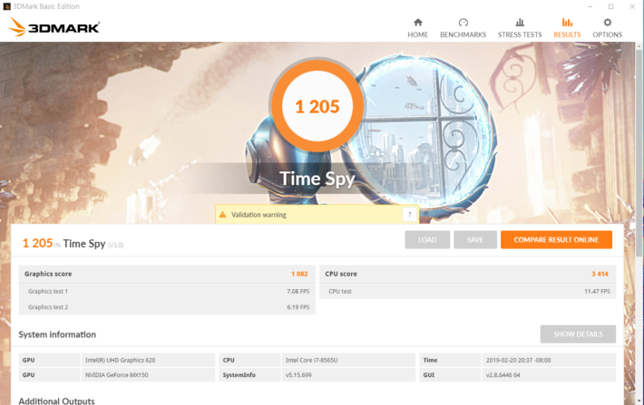 3DMark Time Spy 獲 1,205 分，達 MX150 應有水平。