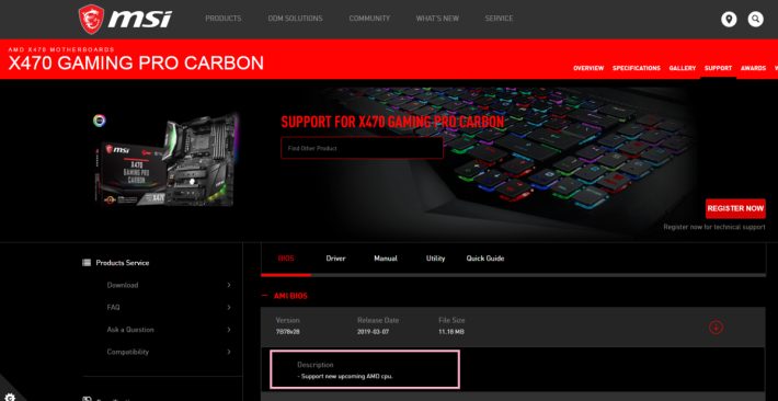 MSI X470 Gaming Pro Carbon 標明 BIOS 更新是為了支援 AMD 新 CPU。