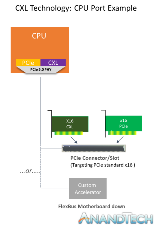 CXL 1.0 的物理層是基於 PCIe 5.0，所以顯示卡也是插在 PCIe 槽。Source：Anandtech