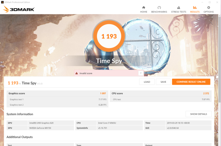 3DMark Time Spy 獲 1,193 分。