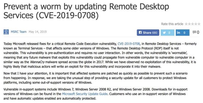 Microsoft 緊急應變中心表示今次漏洞與 2017 年造成廣泛感染的 WannaCry 一樣可以一部電腦傳染另一部電腦，呼籲用戶及早更新。
