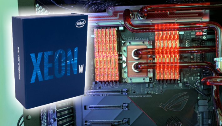 Xeon W-3175X 採用 C621 主機板，如圖片背後的 ASUS ROG Dominus Extreme，打破 X599 的謠言。