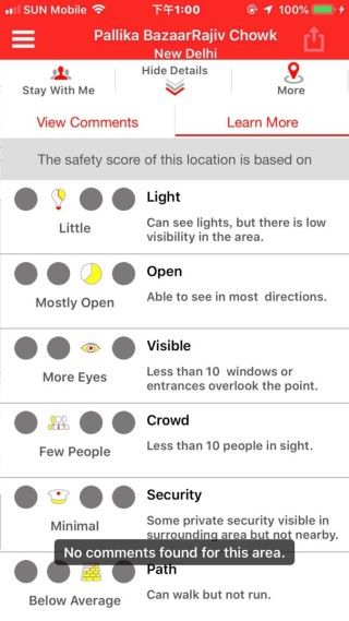 安全程度會根據照明、可見度、交通、人口密度等資料作評級。