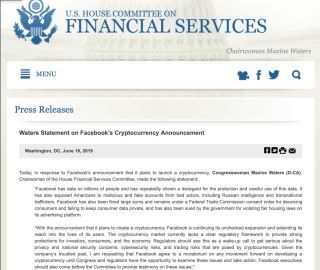 美國眾議院金融服務委員會主席，民主黨議員 Maxine Waters 發表聲明要求 Facebook 停止加密貨幣計劃，並出席委員會作供。