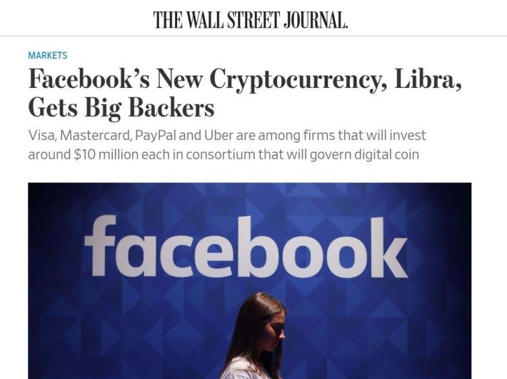 華爾街日報報道 Facebook 的加密貨幣 Libra 得到十多間企業和投資基金支持