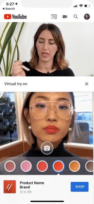 影片加入了「 AR Beauty Try-On 」 功能之後，當觀眾欣賞 YouTuber 介紹化妝品時，可同時透過 AR 試妝。